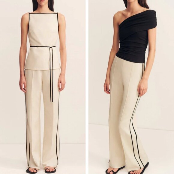 Shona Joy Billie Contrast Pant Sz2 Ecru Black Two Tone Casual Linen Set